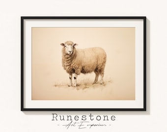 Vintage Sheep Sketch | Easter Etching | Country Farmyard Wall Art | Antique Lamb Wall Art | Hand Drawn Landscape | Digital Print Download