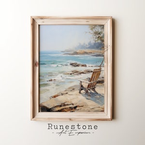 Beach Chair By The Sea Vintage Oil Painting DIGITAL ART | Tropical Beach Wall Art | Vintage Wall Art | Downloadable Coastal Beach Wall Art