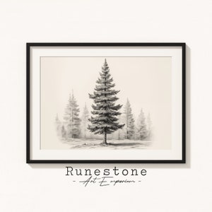 May include: Black and white pencil drawing of a tall pine tree in a forest setting. The drawing is framed in a black frame. The text "Runestone - Art Emporium" is at the bottom of the image.