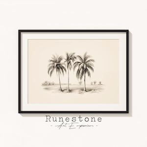 Wüste Palmen Skizze Druck | Tropische Wandkunst | Minimal Landschaft | Bleistift Zeichnung Wohnkultur | Neutrale Kunst Digitaldruck Download