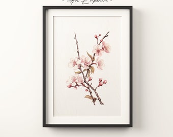 Vintage Cherry Blossom Branch Sketch | Floral Boho Wall Art | Tropical Minimalist Bohemian Wall Art | Hand Drawn | Print Digital Download