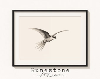 Flying Swallow Bird Illustration | Subtle Wall Art | Minimal Animal Portrait | Pencil Drawing Decor | Neutral  Digital Print Download