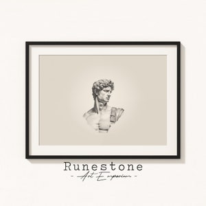 May include: Black and white framed print of a sculpture of a man's bust. The print has a beige background and the text "Runestone - Art Emporium -" at the bottom.