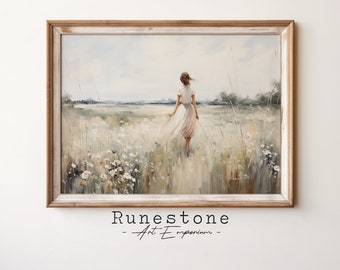 Woman In Flower Meadow Landscape Vintage Oil Painting DIGITAL ART | Spring Wildflower Wall Art | Printable Digital Download | Meadow Flowers