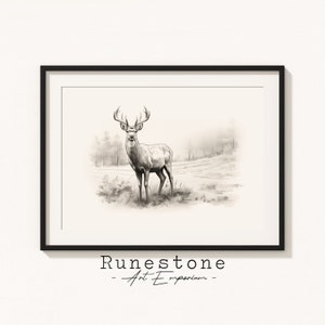 Impresión de bocetos de ciervos en el bosque / Arte de pared de vida silvestre / Retrato mínimo / Dibujo a lápiz decoración del hogar / Arte de pared neutral Descarga de impresión digital