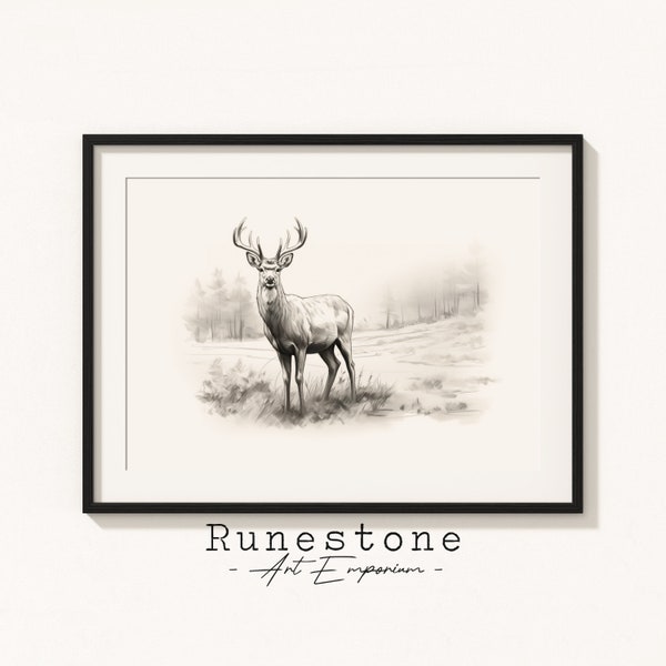 Deer In Forest Sketch Print | Wildlife Wall Art | Minimal Portrait | Pencil Drawing Home Decor | Neutral Wall Art Digital Print Download