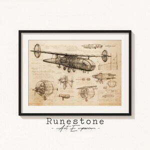May include: A vintage style blueprint illustration of an airplane with detailed line drawings of the aircraft's design. The image is in black and white and has a sepia tone. The text "Runestone - Art Emporium" is at the bottom of the image.