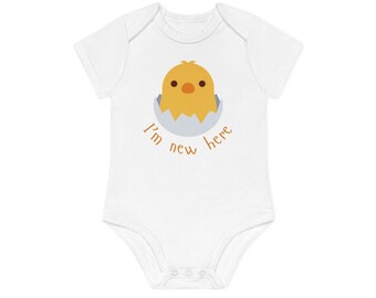 Bio-Baby-Body | UNISEX Baby-Geschenk | Lustiges und süßes Babygeschenk | Baby-Kurzarm-Body mit kleinem Küken | Ich bin neu hier, Baby-Body