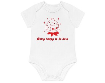 Body de bebé de algodón orgánico / Regalo de bebé divertido y lindo / Body de bebé Berry feliz de estar aquí / Regalo de bebé UNISEX / Body de bebé de fresa