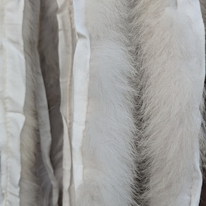 May include: Close-up of white fur trim with a soft, textured appearance. The fur is attached to a white fabric backing with visible stitching. The image highlights the detail and quality of the material, suitable for apparel or craft projects.
