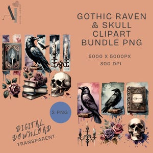 Gothic Raven & Skull Clipart Bundle PNG, Dark Academia Watercolor Sublimation Design, Vintage Crow Rose Candle Art, Spooky Digital Download