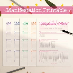 May include: Four printable worksheets with a pink, green, blue, and orange background. Each worksheet has the title "Manifestation Method" and includes the numbers 3, 6, and 9. The worksheets are designed to help users manifest their desires using the 3-6-9 method.