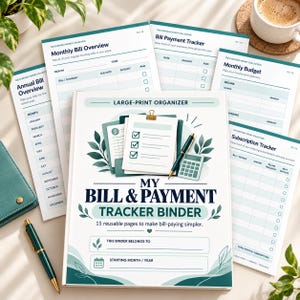 Puede incluir: Un archivador de seguimiento de facturas y pagos con 15 páginas reutilizables, con una portada de letra grande, una ilustración de lista de verificación, un bolígrafo y una calculadora. Incluye varias hojas de seguimiento financiero para facturas y presupuestos.