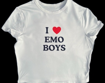 May include: White cropped t-shirt with a red heart and the text "I love emo boys" in black.