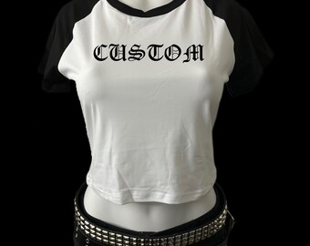 Personalized custom name in old english font raglan cropped baseball baby tee