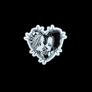 May include: Black and white illustration of two people kissing inside a heart shape surrounded by barbed wire.