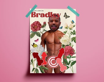 May include: A magazine cover with the text "The Junk On Bradley" and a photo of a man with a floral background.