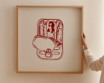 Impresión de sardinas de sirena para arte de pared de cocina Impresión de lata de sardinas Arte de pared rojo para decoración de comedor Arte de comida retro Decoración de cocina retro