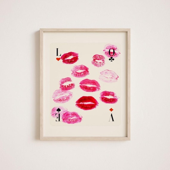 Retro Kiss Poster Vintage Love Letter Red Wall Art Pink Poster Bedroom Wall Decor Retro Lips Print Wall Art Love Poster Playing Card Art