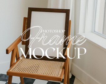 Vertical Frame Photoshop Mockup for Art Display, Wood Frame Mockup, Art on Chair Scene, Interior Frame Mockup, Portrait Art, PSD Template