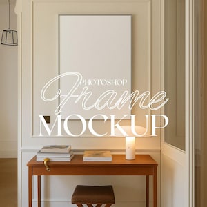 Vertical Frame Photoshop Mockup for Office Art Display, Wood Frame Mockup, Art above Desk Scene, Interior Mockup, Portrait Art, PSD Template