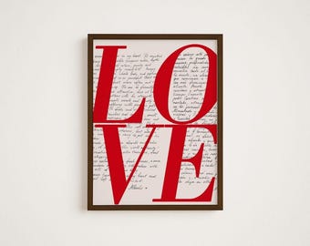 Liefdesposter, muurafdruk jaren 70, rode muurkunst, krantenposter, liefdeskunst, trendy muurafdruk, psychedelische kunst, retroprint, trippy muurkunst