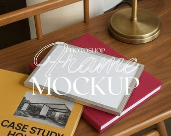 DIN A Horizontaler Rahmen Mockup Rahmen auf Tisch Vorlage für Photoshop Silber Rahmen PSD für Drucke und Kunstwerk Mid Century Modern Trendy