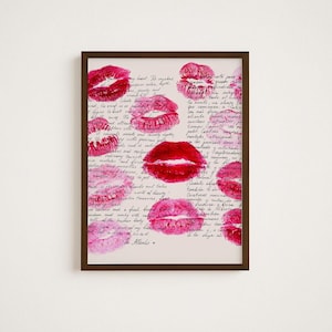Póster de beso retro, carta de amor vintage, arte de pared rojo, póster rosa, decoración de pared para dormitorio, impresión de labios retro, arte de pared, póster de amor, nota escrita a mano
