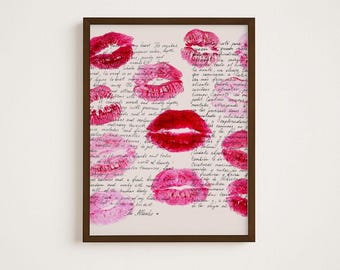 Retro Kiss Poster Vintage Love Letter Red Wall Art Pink Poster Bedroom Wall Decor Retro Lips Print Wall Art Love Poster Hand Written Note
