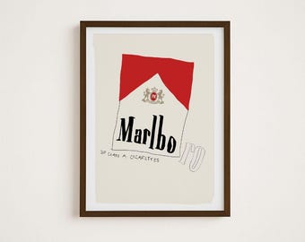 Retro Bar Cart Art Red Wall Poster Marlboro Print Funky Entryway Wall Decor Red Wall Art for Bedroom Trendy Poster Vintage Printable Art
