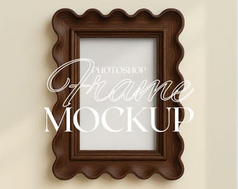 Vertical Scalloped Frame Photoshop Mockup for Art and Printables | ISO Frame PSD Template Mockup | Walnut A3 Frame Mockup | Wood Frame