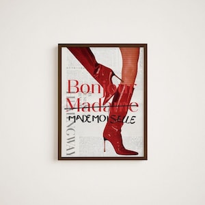 Póster de botas rojas vintage, decoración de pared de periódico de los años 70, póster de botas de moda, impresión de revista retro, póster para dormitorio, decoración de pared retro, arte de pared francés