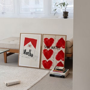 Retro Bar Cart Art Czerwony plakat ścienny Marlboro Print Funky Entryway Wall Decor Czerwona sztuka ścienna do sypialni Retro Love Poster dla par Zestaw 2
