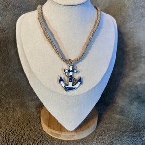 Large Blue and white anchor, hemp necklace