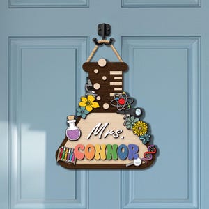 Personalized Teacher Door Sign, Custom Name Wooden Door Sign, Science Teacher Wood Sign, Classroom Door Hanger, Back To School Gift for Her
