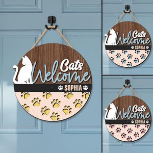 Personalized Cat Door Sign, Custom Name Wooden Door Sign, Cat Welcome Wood Sign, Animal Wood Door Sign, Cat Door Hanger, Gift for Pet Lover