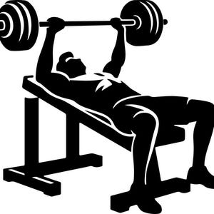 Peut inclure: Silhouette noire et blanche d'une personne effectuant un développé couché avec une barre. La personne est allongée sur un banc de musculation, les pieds au sol.