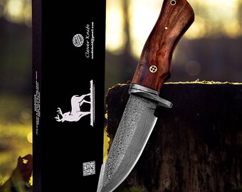 Handmade Damascus Steel Hunting Knife with Leather Sheath