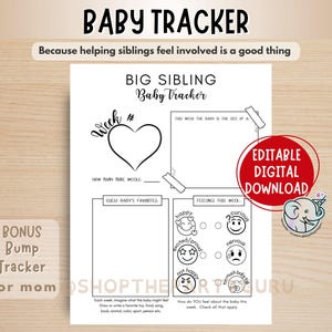 Diario de seguimiento de bebés para hermanos, imprimible, actividad de embarazo para mamá y yo / idea de regalo para bebé, hoja de seguimiento de embarazo personalizada para que los niños coloreen