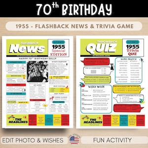 Il poster delle notizie e il gioco a quiz per il 70° compleanno contengono notizie e momenti salienti del 1955, l'anno in cui sono nati, un divertente regalo personalizzato per lui o per lei