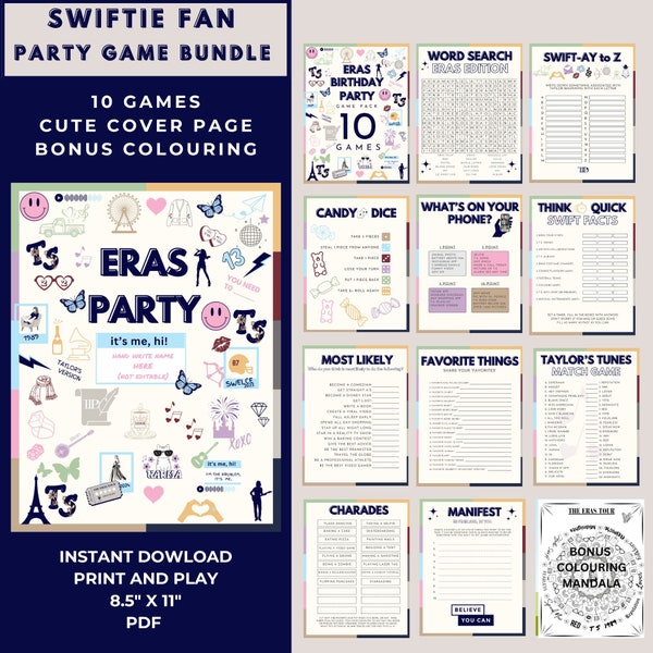 Taylor Swift Birthday Party Printable Games, ERAS Tour Activities, Instant Print and Play for Teen and Tween Swiftie Fans.  Loads of Fun!