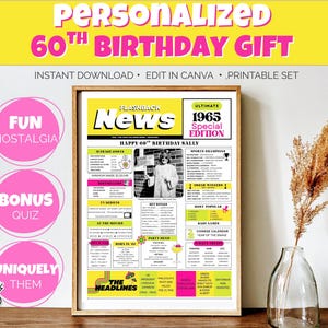 60th Birthday News Poster and Trivia Game contains news & highlights from 1965 the Year they were born, Fun Personalized Gift for Him or Her