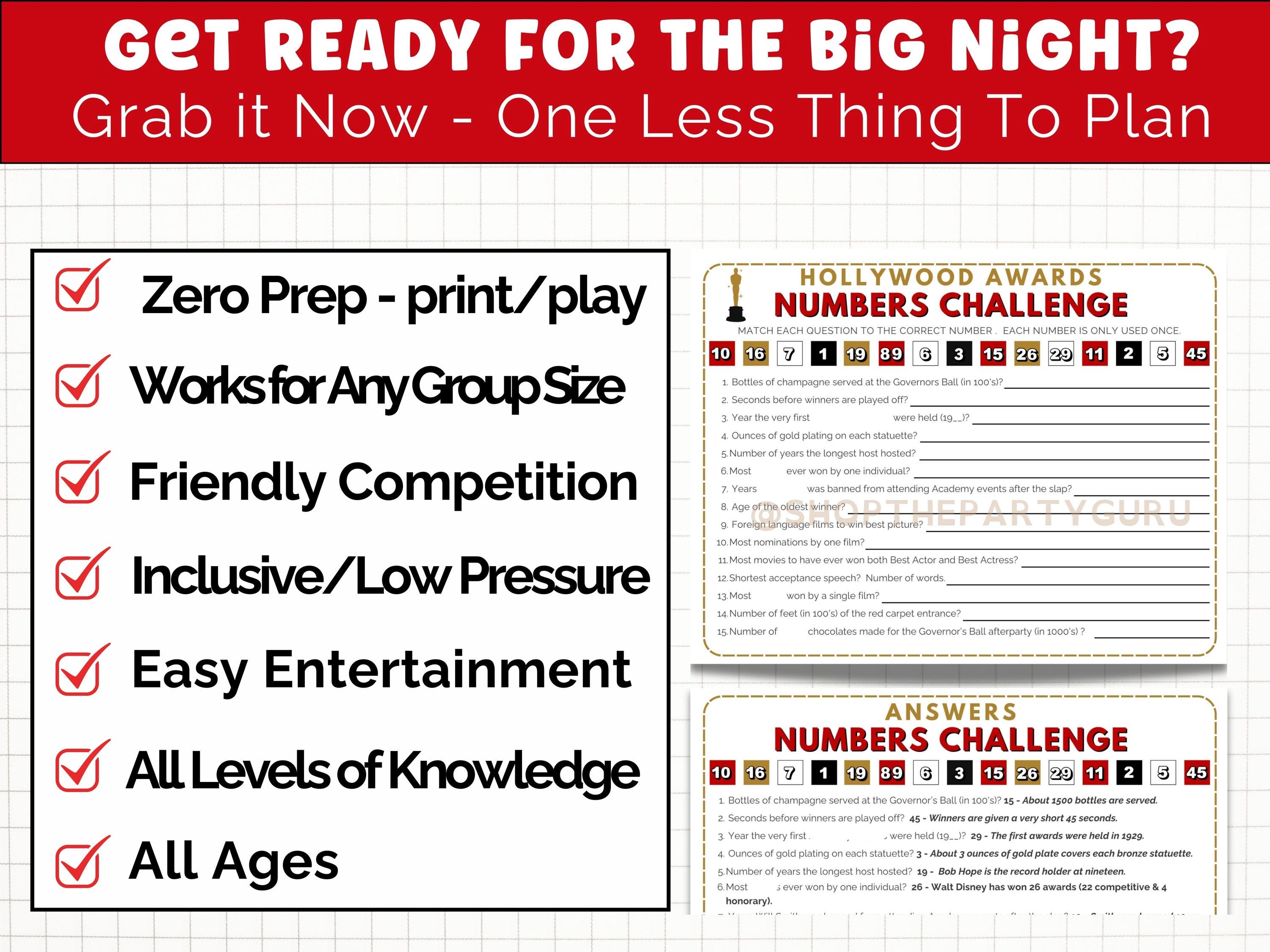 Hollywood Awards Numbers Game, Movie Night Trivia Printable, Red Carpet ...