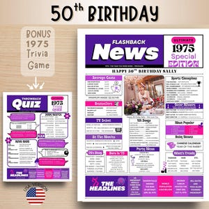 Birthday Party for 50 Year Old Gift Idea for 50th Birthday Trivia Game Celebrating 50 Years 1975 Customizable Poster and Keepsake Poster