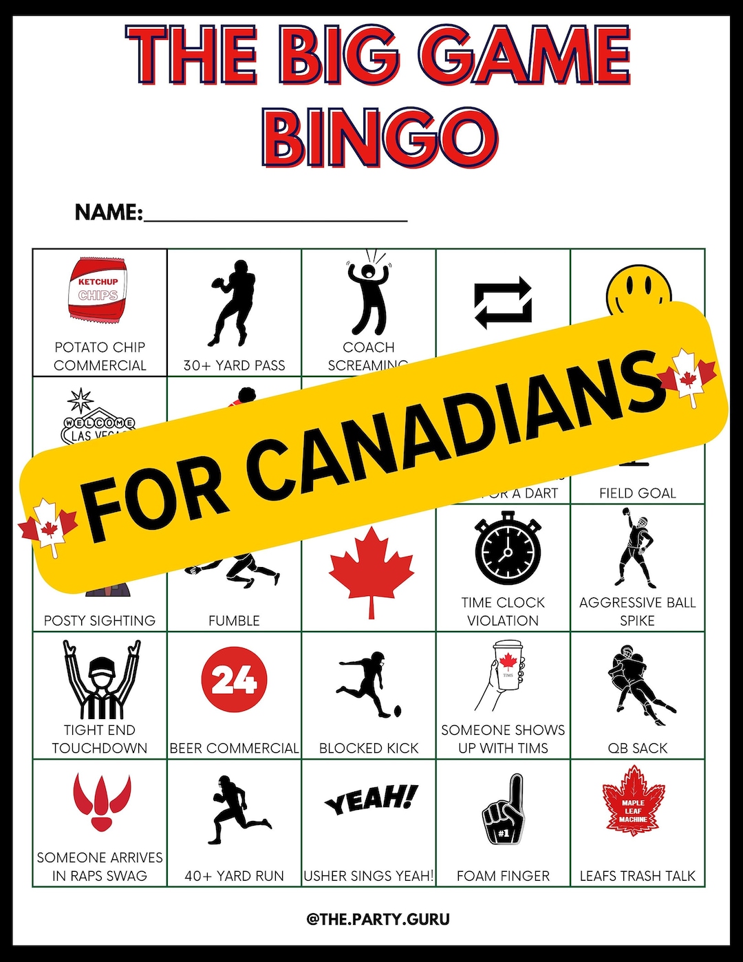 10 BIG GAME Bingo Cards for Canadians Must Speak Canadian Loads of Fun