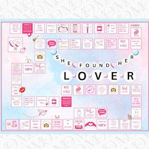 May include: A pink and blue bridal shower game board with the words "She Found Her Lover" in a banner across the top. The game board has various squares with different prompts for drinking games.