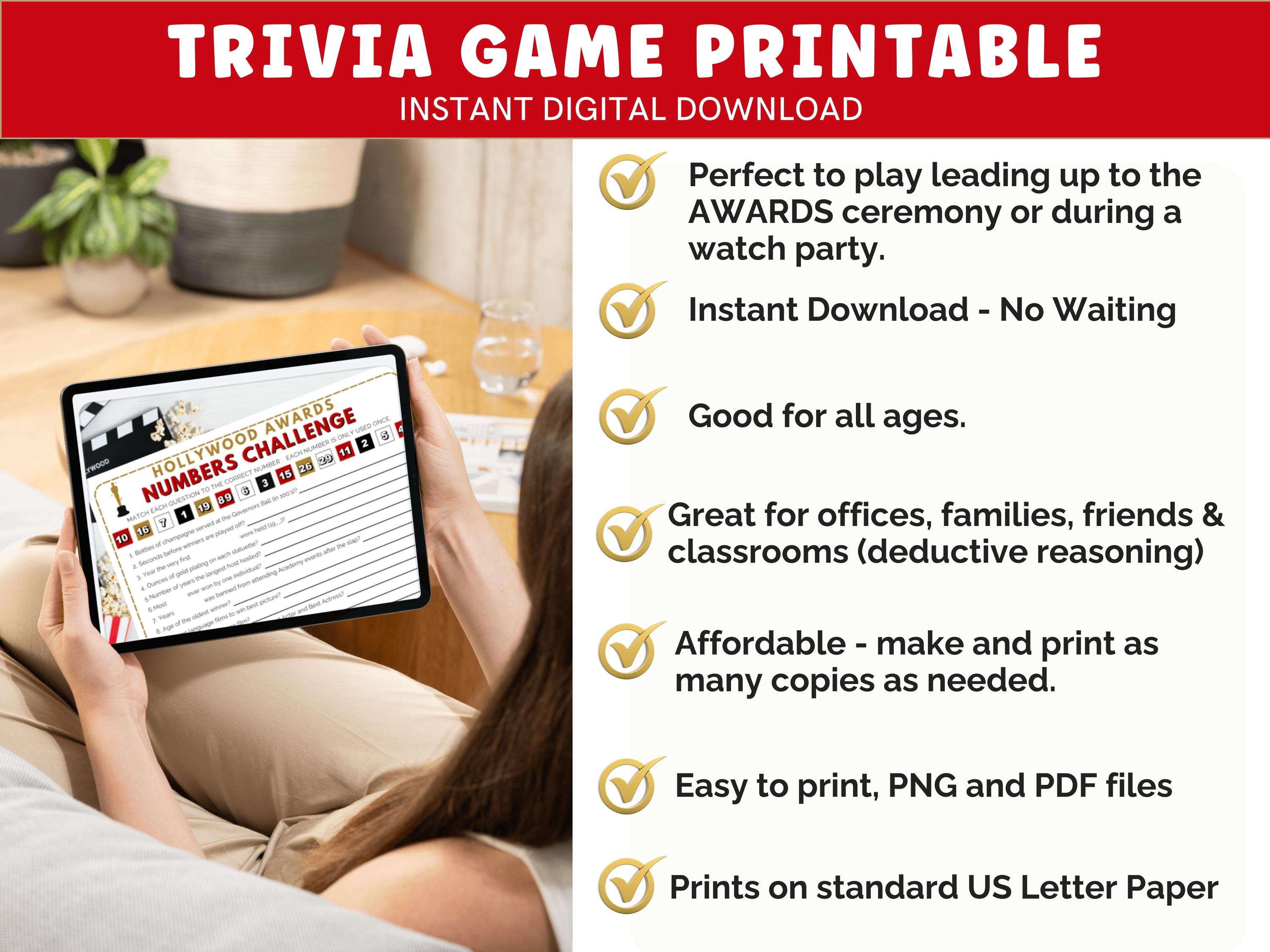 Hollywood Awards Numbers Game, Movie Night Trivia Printable, Red Carpet ...