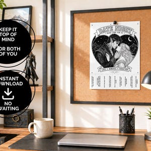 The image shows an office with a cork board and on the cork board is the tear off sheet.  the writing says...keep it top of mind for both of you.  And Instant download...no waiting.