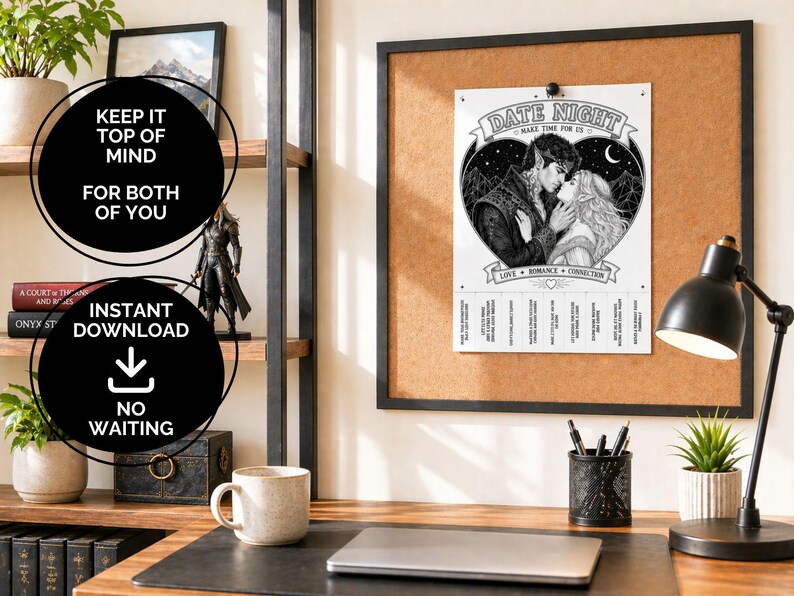 The image shows an office with a cork board and on the cork board is the tear off sheet.  the writing says...keep it top of mind for both of you.  And Instant download...no waiting.