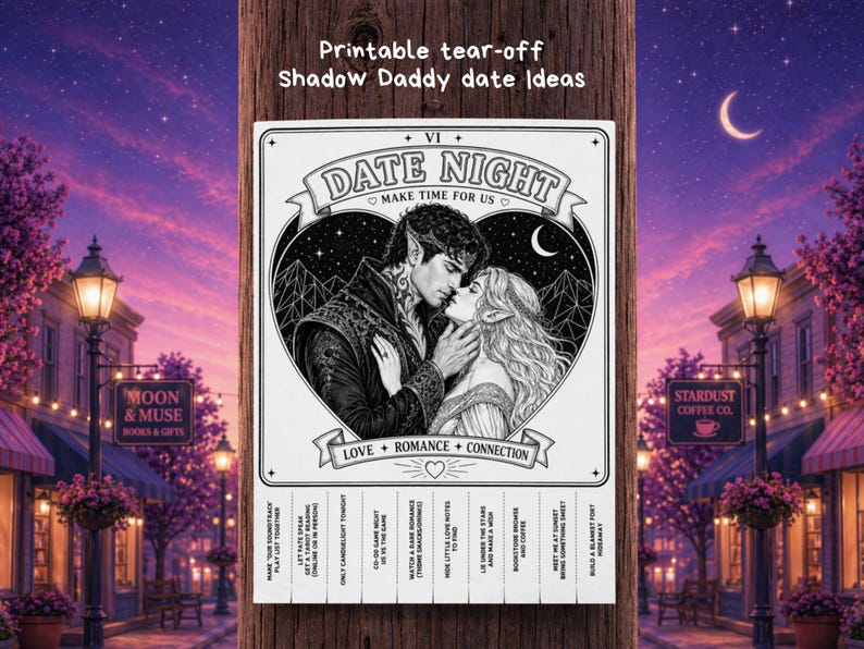The image shows a street lamp pole in an idyllic romantic town with a tear off poster affixed.  The poster has pull tabs with date ideas for couples to do.  It is designed with a Shadow Daddy popularized in Booktok fantasy like that written by Sarah J. Maas and Rebecca Yarros.